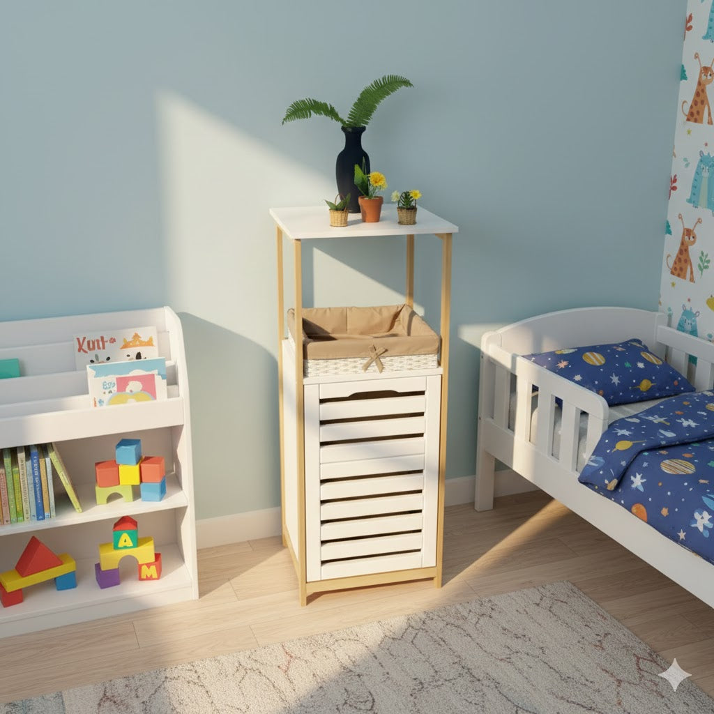 Meuble à rangement et panier à linge en bois hêtre