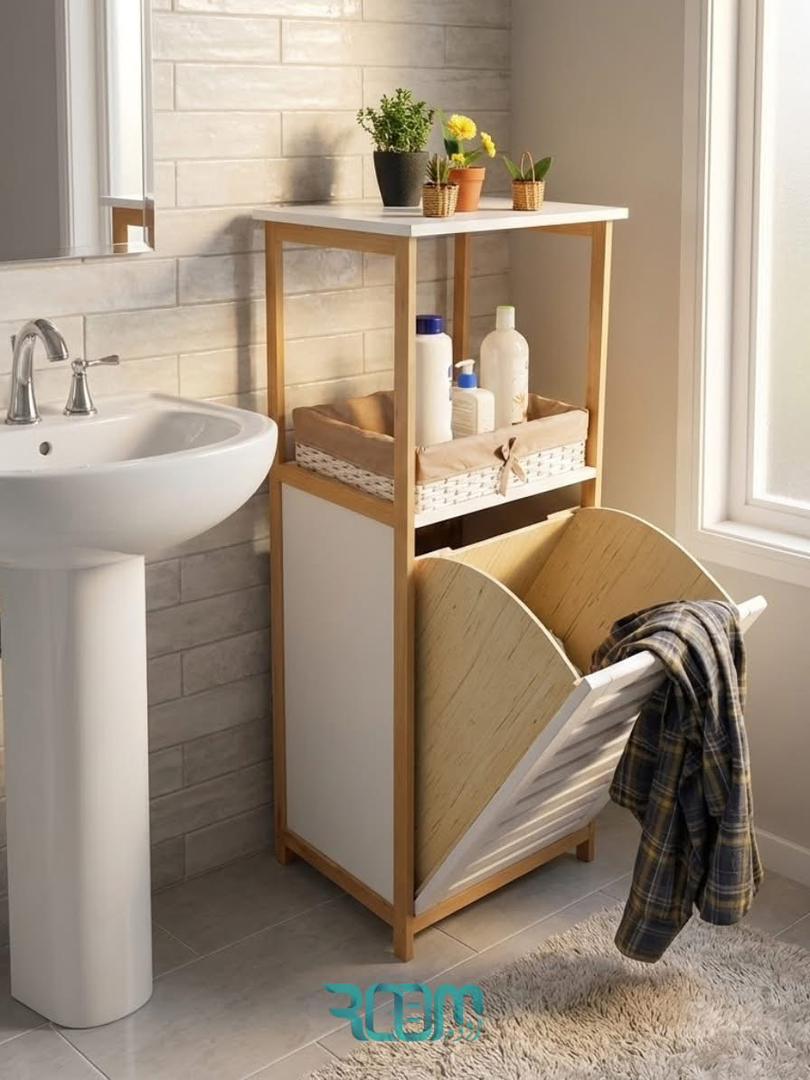 Meuble à rangement avec panier à linge ou porte ouvrante en bois hêtre