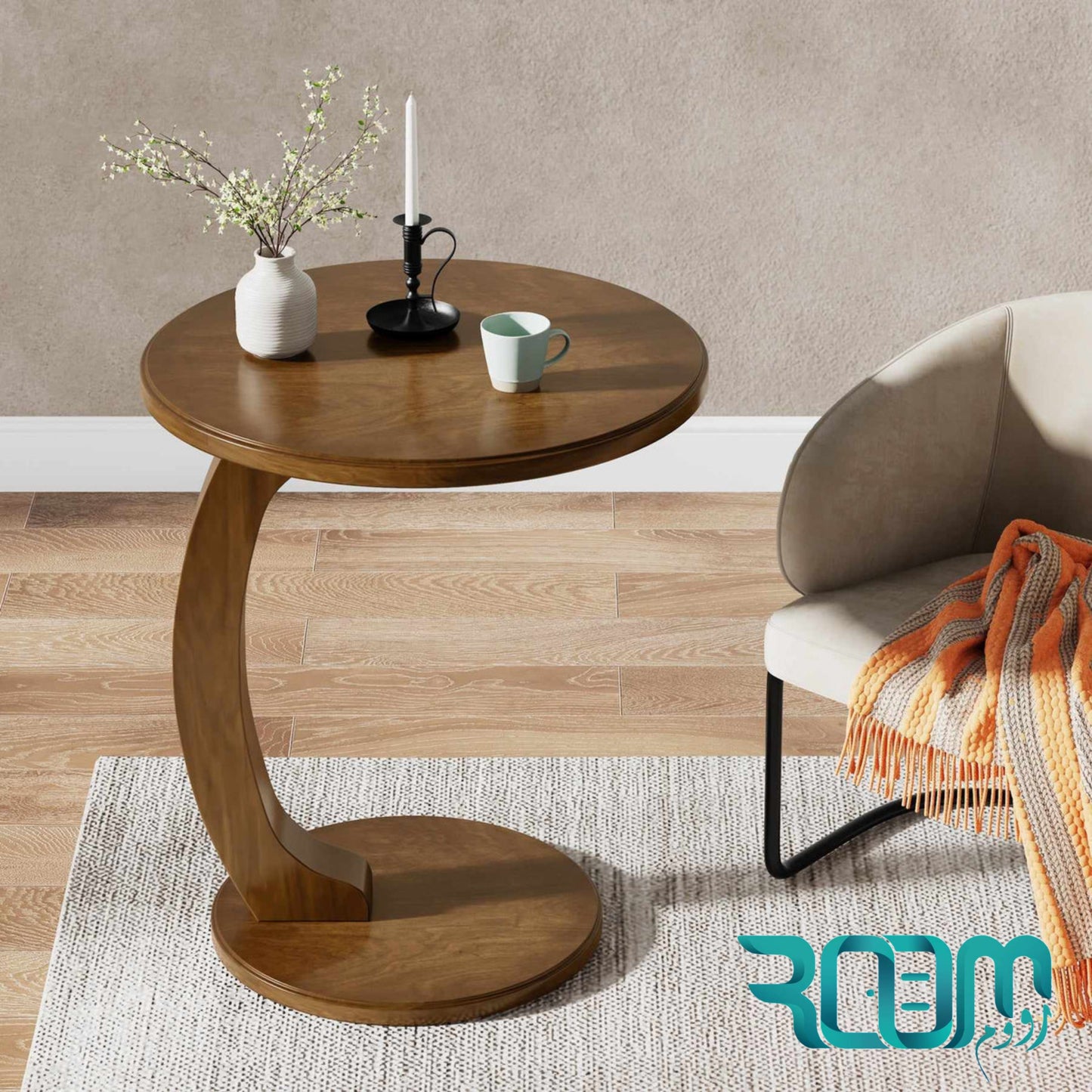 Table mobile Curvy, table d'appoint Ronde en Bois hetre, Bout de canapé, Table basse, Table de lit