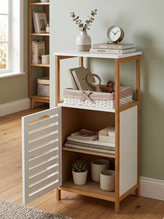 Meuble à rangement avec panier à linge ou porte ouvrante en bois hêtre