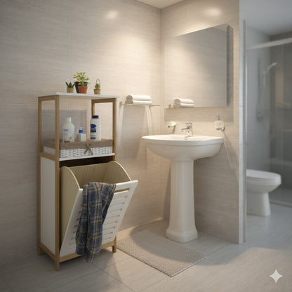 Meuble salle de bain et panier à linge en bois hêtre